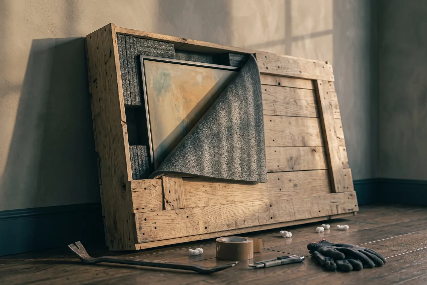 Part-opened wooden crate against a wall, protective foam and the corner of a framed canvas