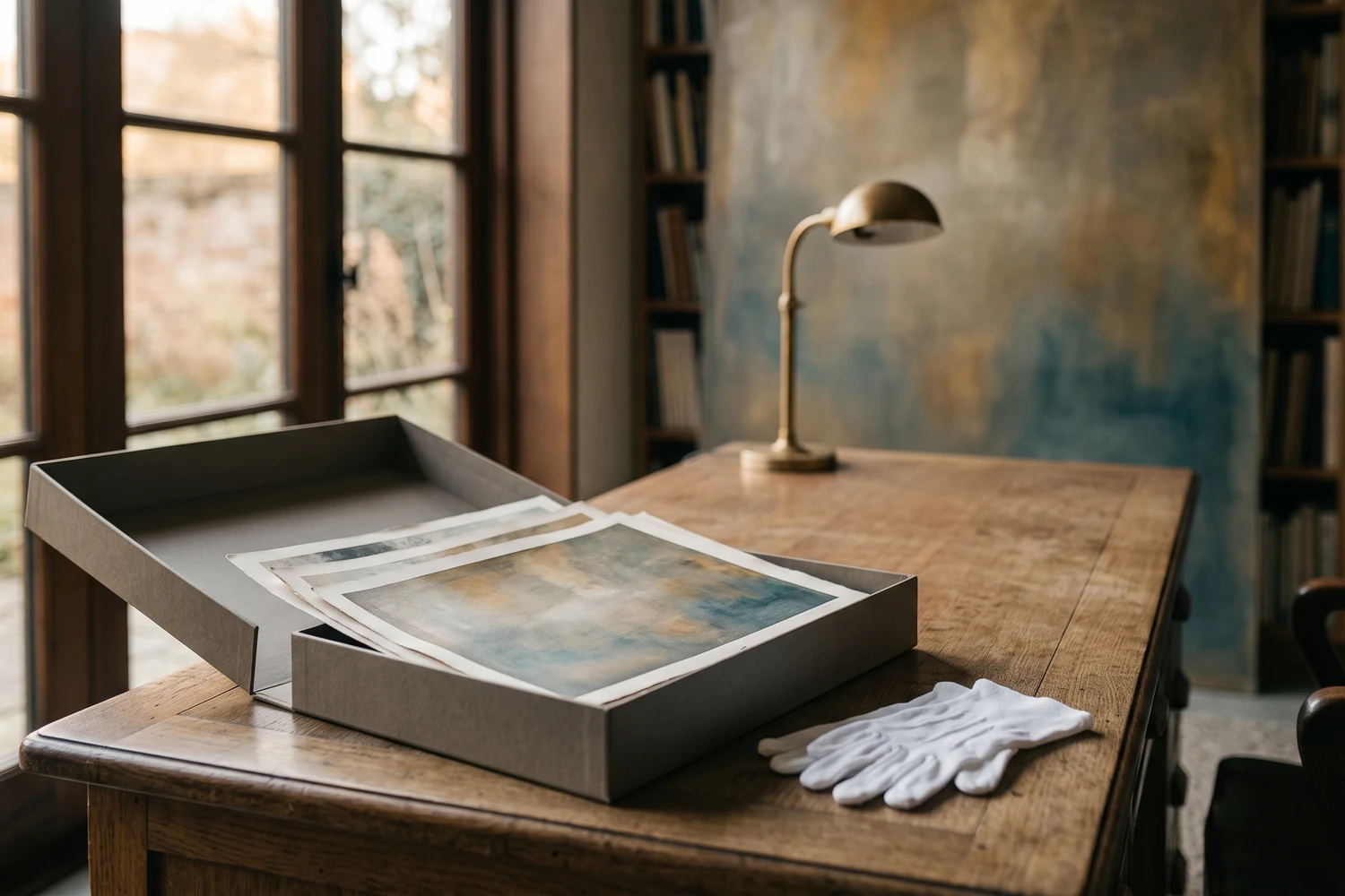 Boîte d'archives ouverte sur un bureau, tirages photographiques d'œuvres et gants de coton