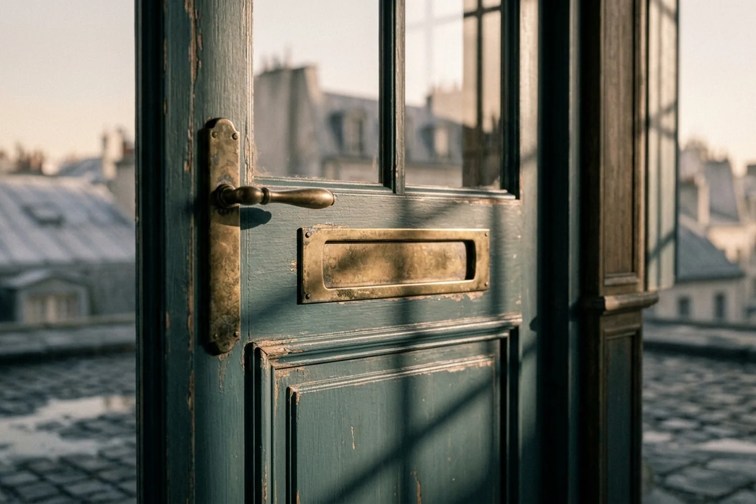 Detalhe de uma porta de comércio com maçaneta de latão e caixa de correio
