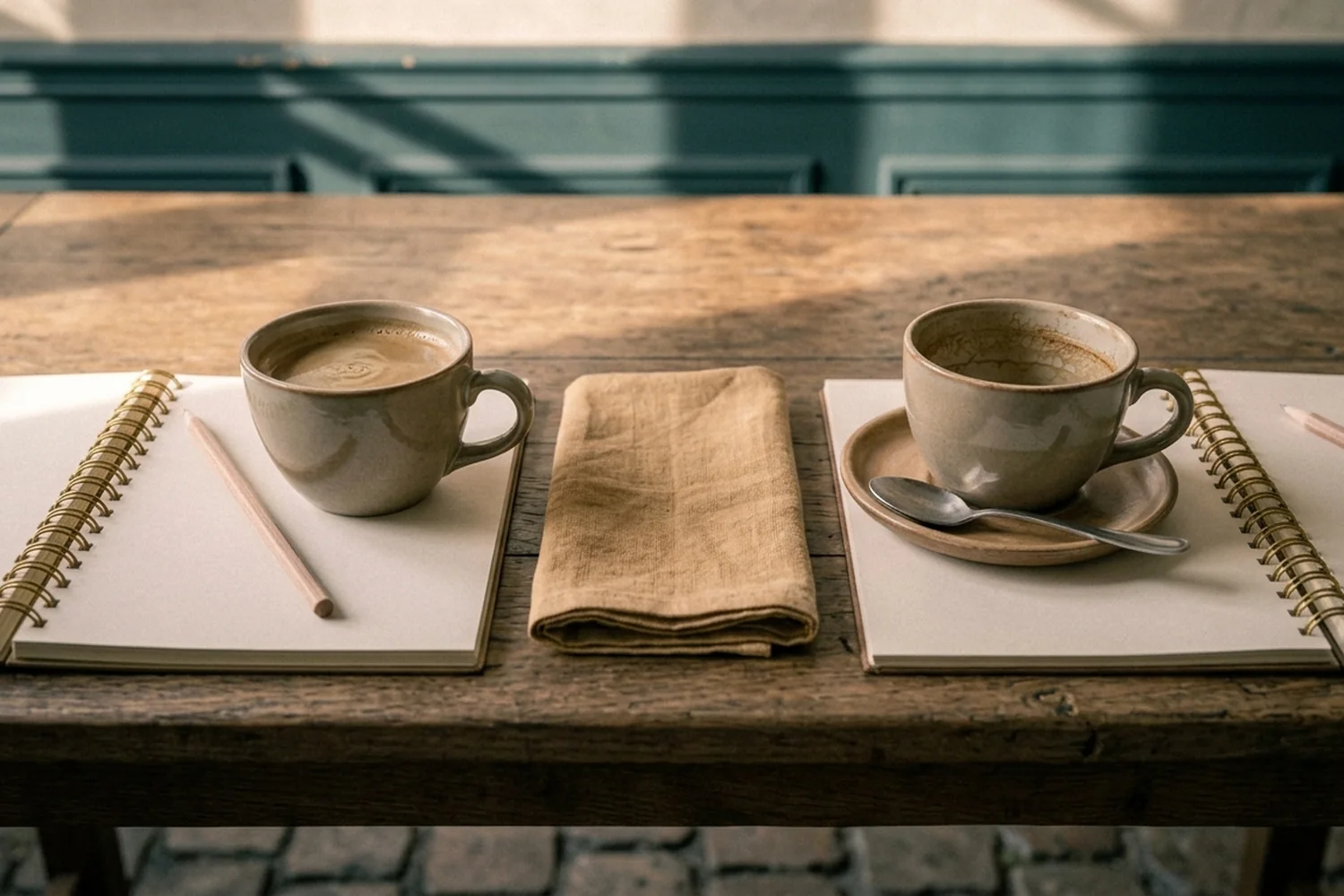 Detalhe de duas xícaras de café sobre mesa de madeira, uma cheia e uma vazia