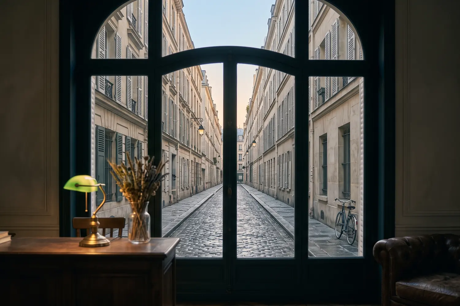 Parisian street at dawn, quiet façades along a narrow road