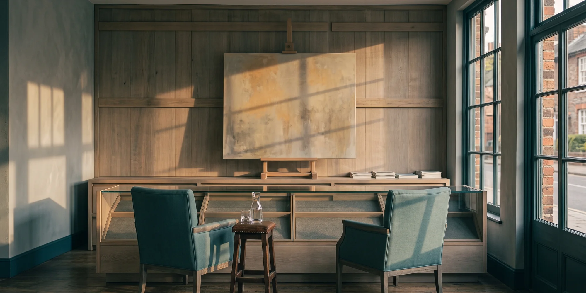 Gallery viewing room set for a private appointment, single canvas on an easel