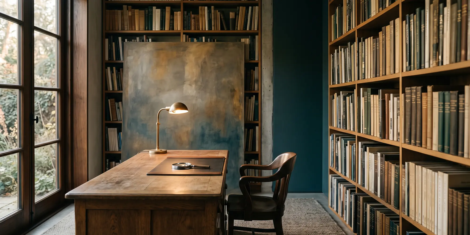 Bureau de conseiller en art : rayonnages de catalogues, toile appuyée contre le mur, lampe allumée