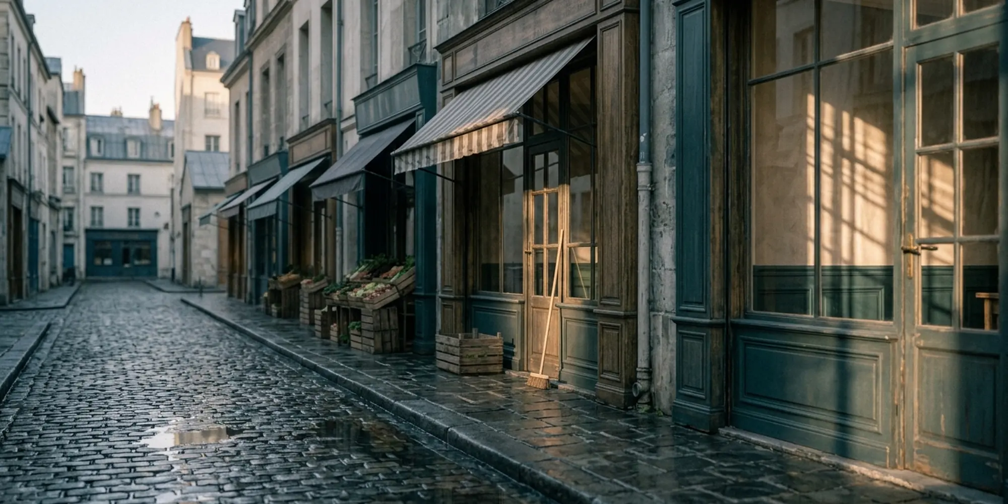 Rua parisiense de manhã cedo, fachadas de comércios independentes e calçada vazia