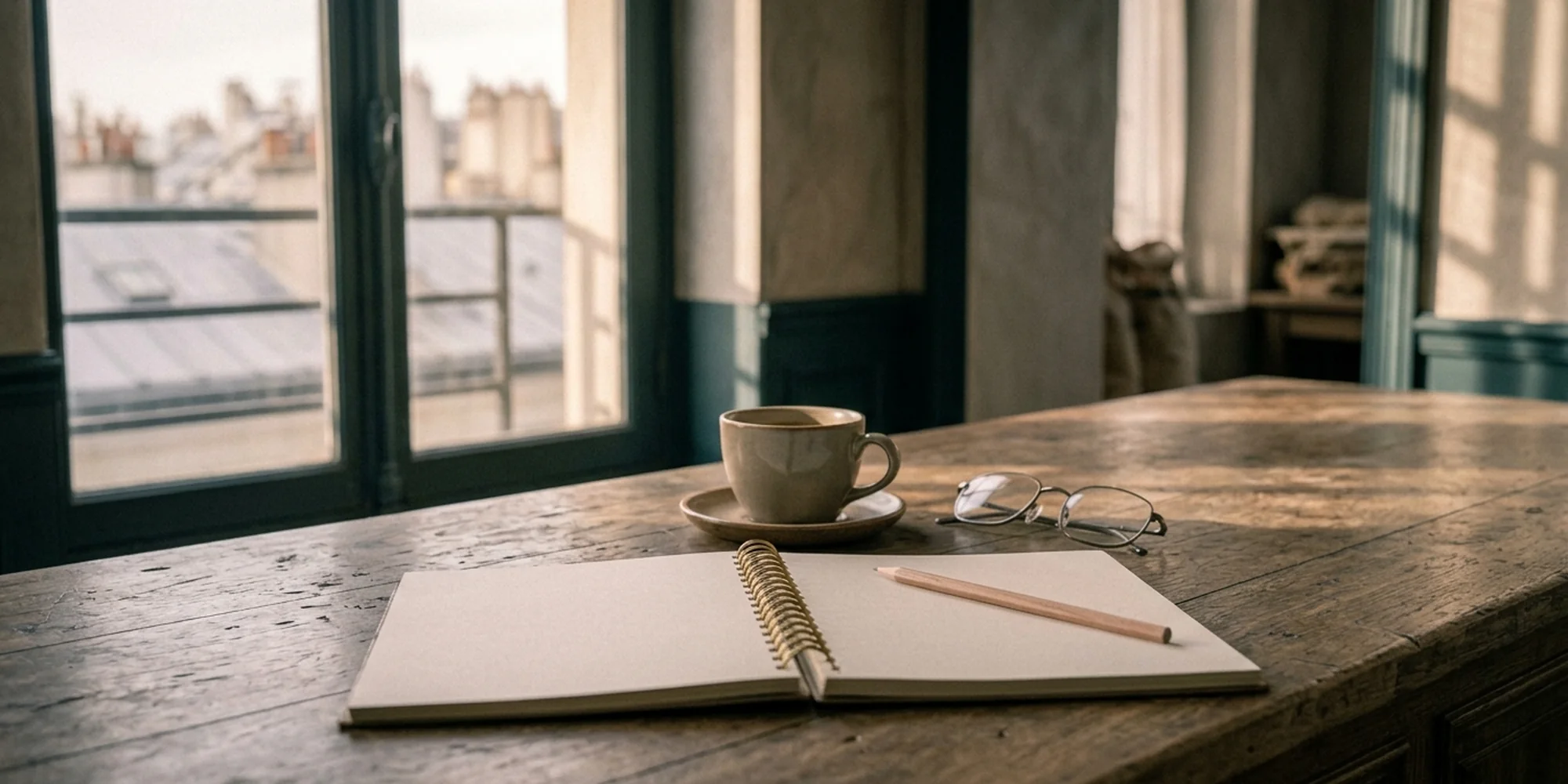 Mesa de trabalho com caderno aberto, caneta e xícara de café ao lado da janela