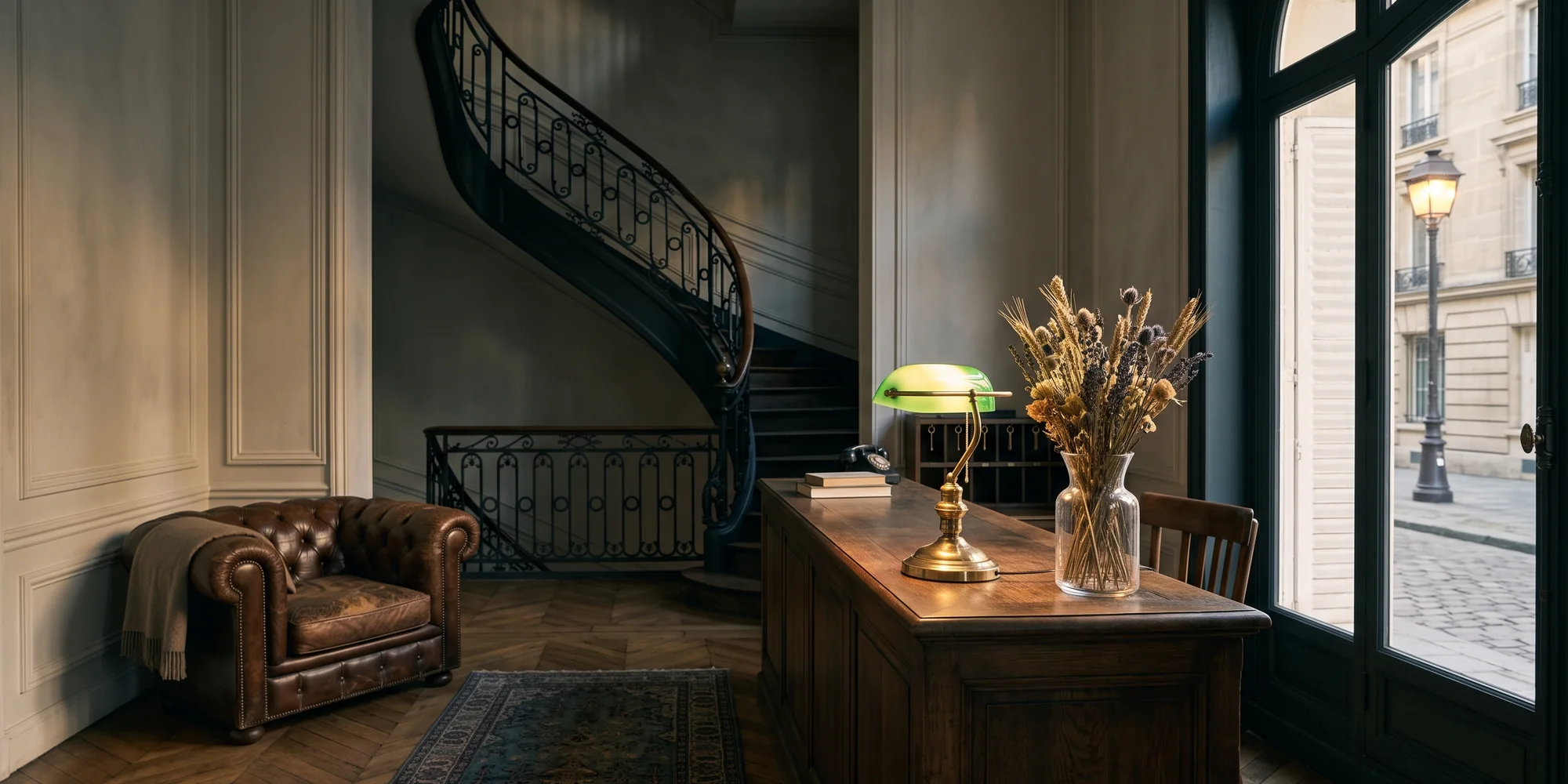Reception desk of an independent Paris hotel in late afternoon light
